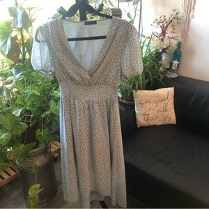 Short sleeve, long length, blue & black flowers cinched waist dress